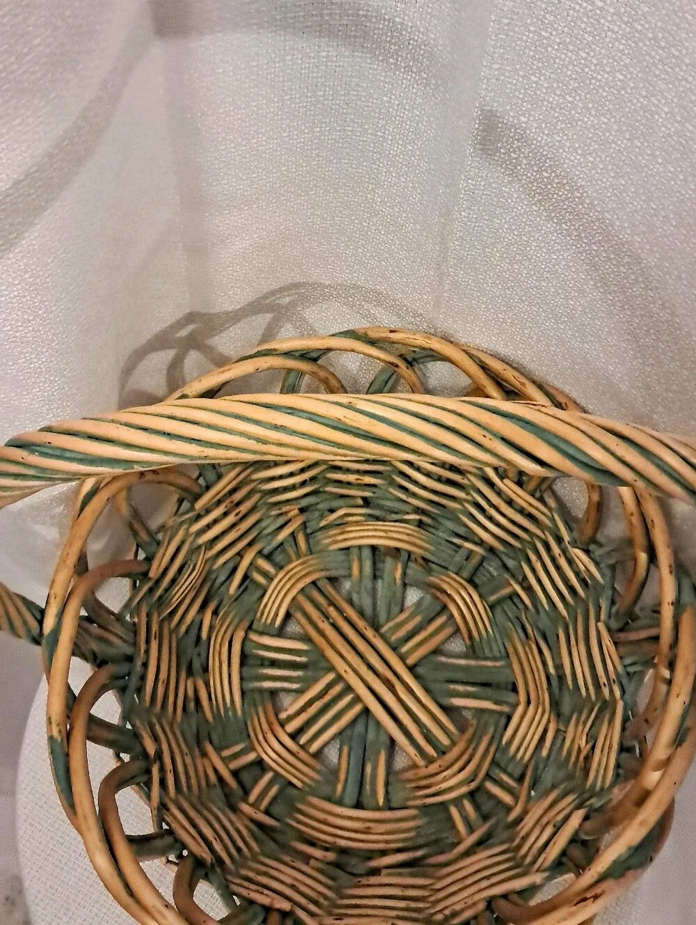 Vintage Large Handwoven Wicker Basket Green & Natural Twisted Handle Cottagecore
